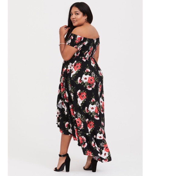Torrid Black Floral Hi-Lo, Off-the-Shoulder Dress, Sz 2x, fits 18/20 - Picture 2 of 15